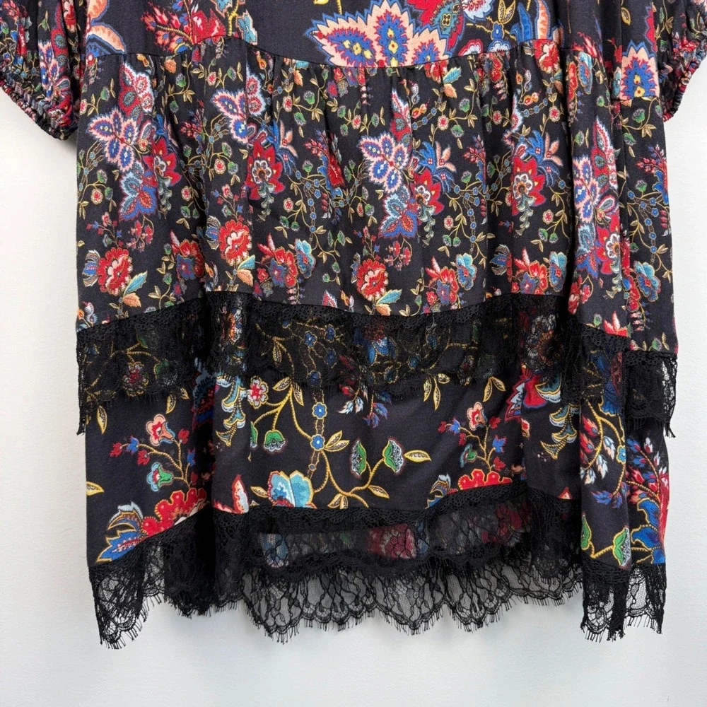 Alice + Olivia Lakita Floral Lace Trim Boho‎ Dress Black Multicolor Tiered Large - Picture 11 of 16